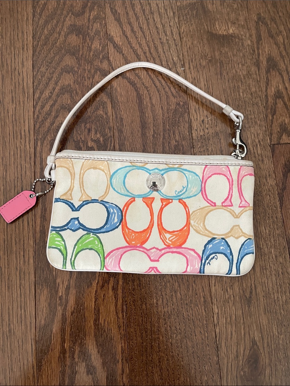 Coach Multicolor Signature Canvas Wristlet with White Trim